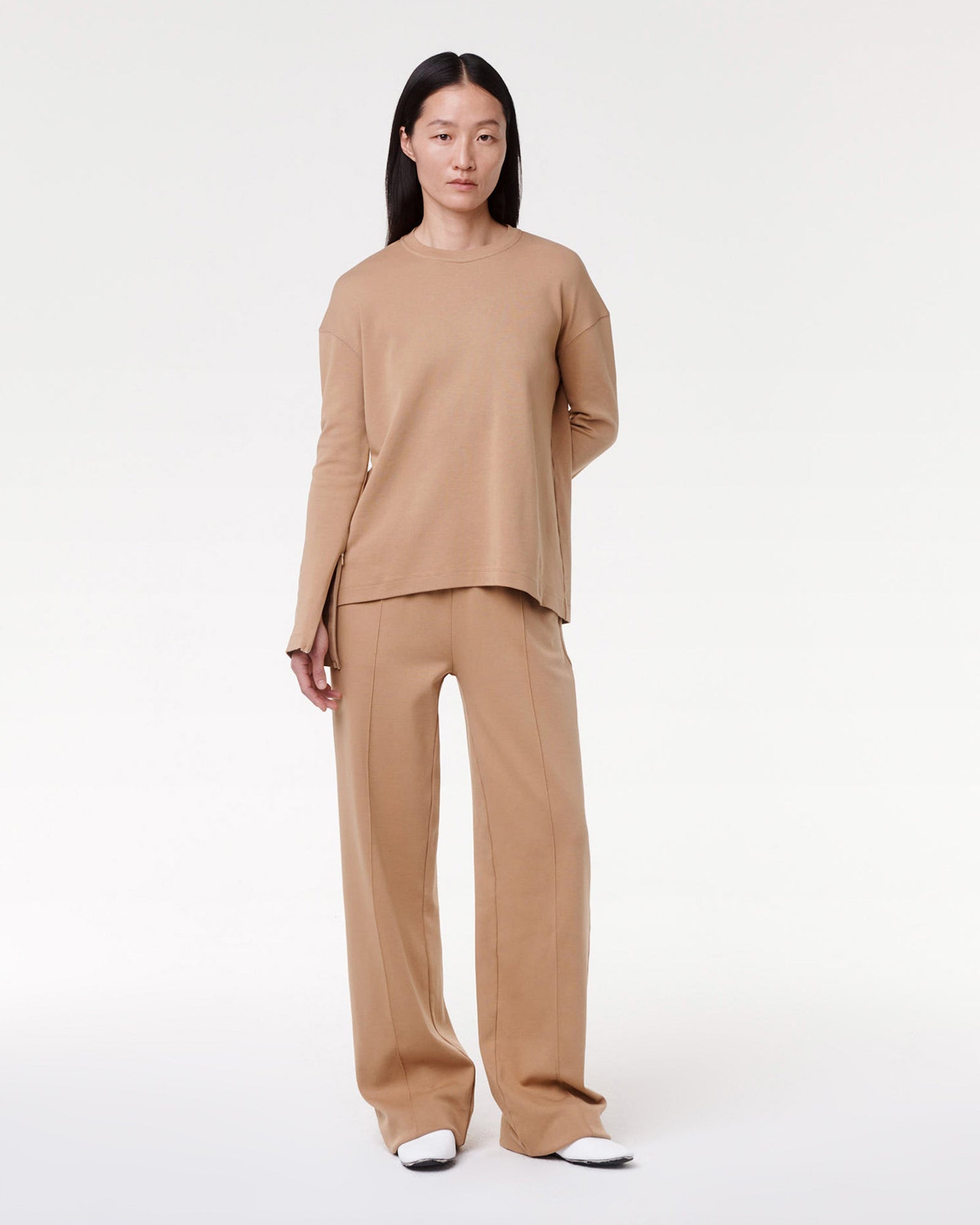 Another Tomorrow Luxe Seamed Long Sleeve in Hazelnut – Cotton