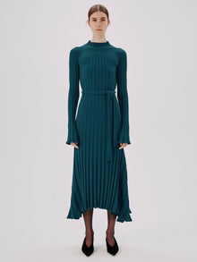 Another Tomorrow Long Sleeve Rib Flare Dress in Petrol – Viscose Women's Dress