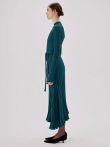 Another Tomorrow Long Sleeve Rib Flare Dress in Petrol – Viscose Women's Dress