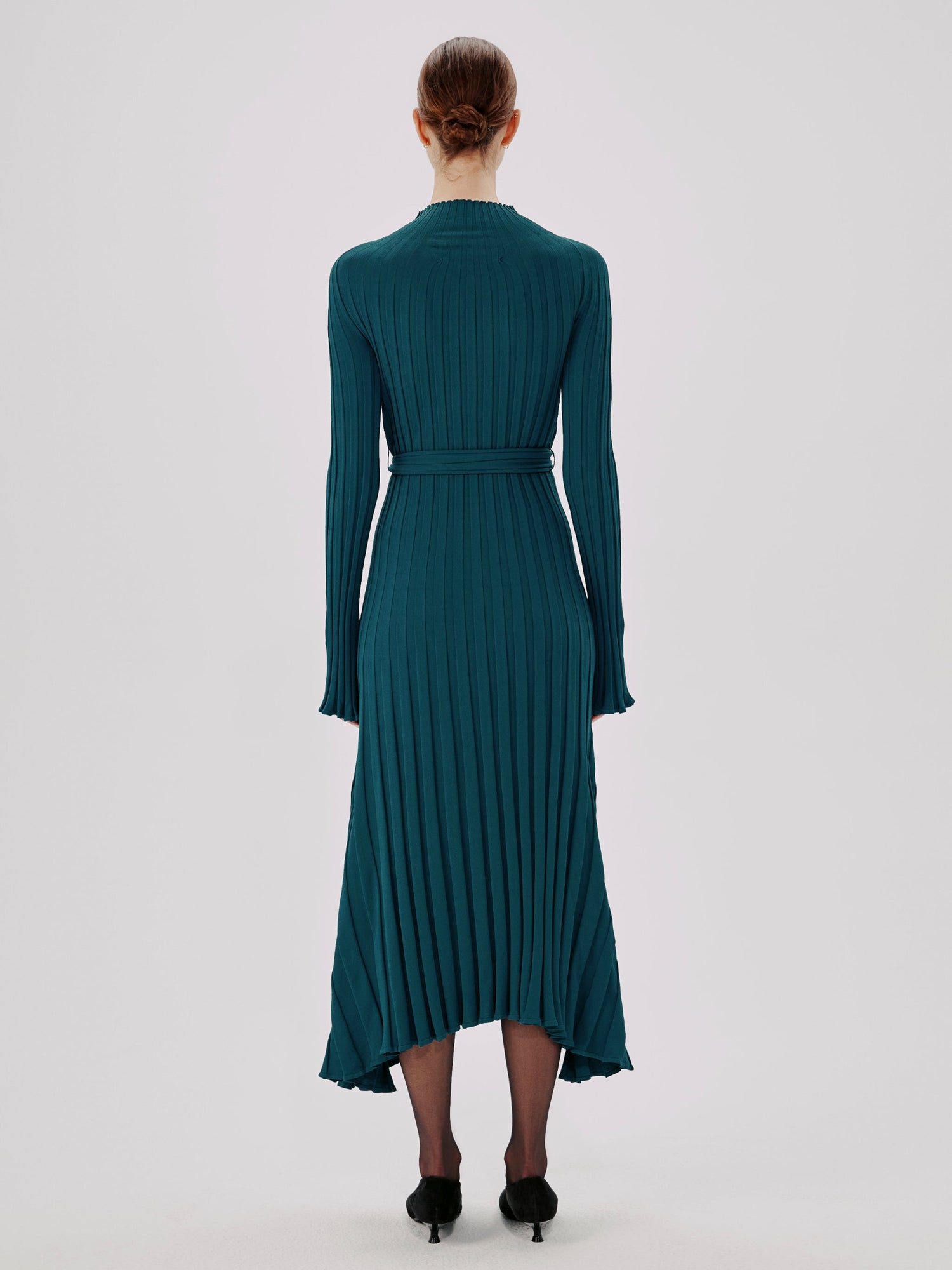 Another Tomorrow Long Sleeve Rib Flare Dress in Petrol – Viscose Women's Dress