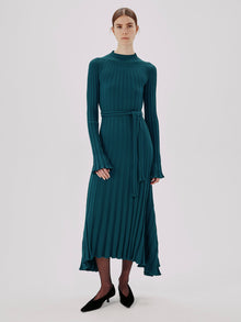 Another Tomorrow Long Sleeve Rib Flare Dress in Petrol – Viscose Women's Dress