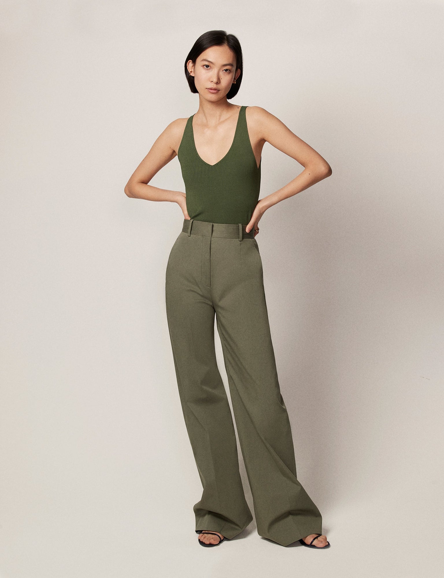 Another Tomorrow Deep V Tank Knit in Olive Green – Viscose Women's Knitwear
