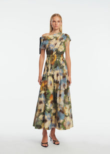 Floral Printed Cotton Draped Shoulder Pleated Dress | Cactus Multi