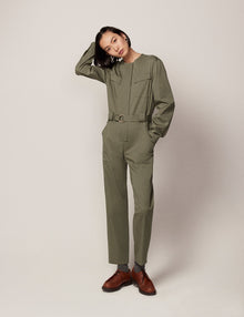 Another Tomorrow Collarless Jumpsuit in Olive Green – Cotton Women's Jumpsuit