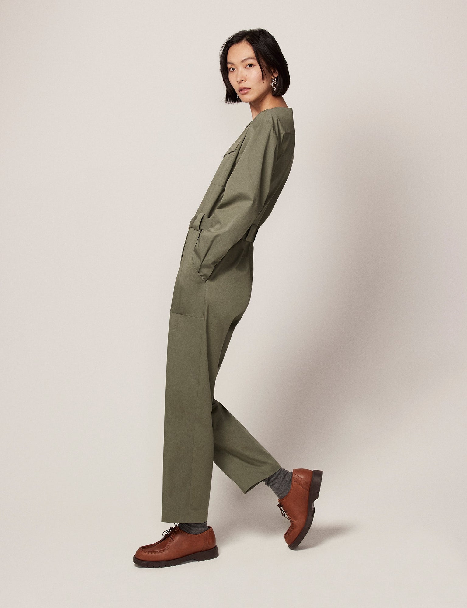Another Tomorrow Collarless Jumpsuit in Olive Green – Cotton Women's Jumpsuit