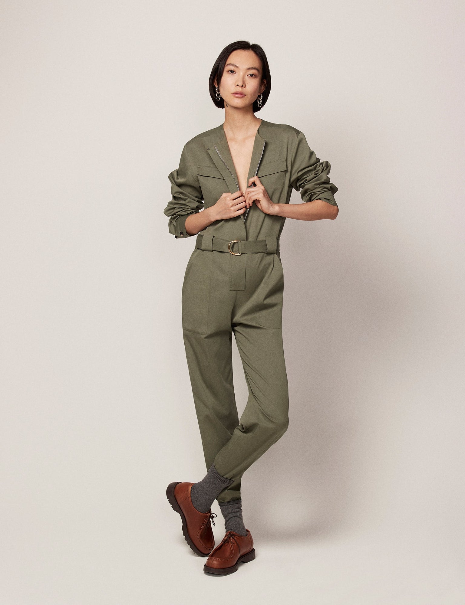 Another Tomorrow Collarless Jumpsuit in Olive Green – Cotton Women's Jumpsuit