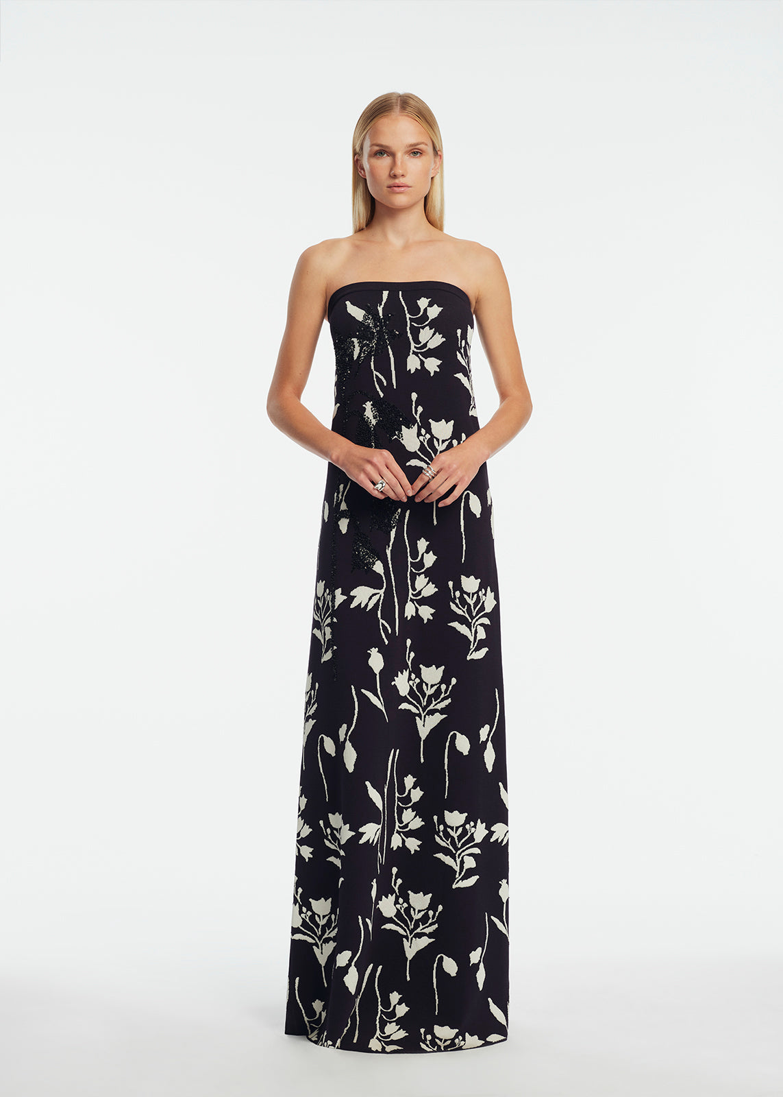 Floral Jacquard Knit Beaded Strapless Dress | Navy/Cream