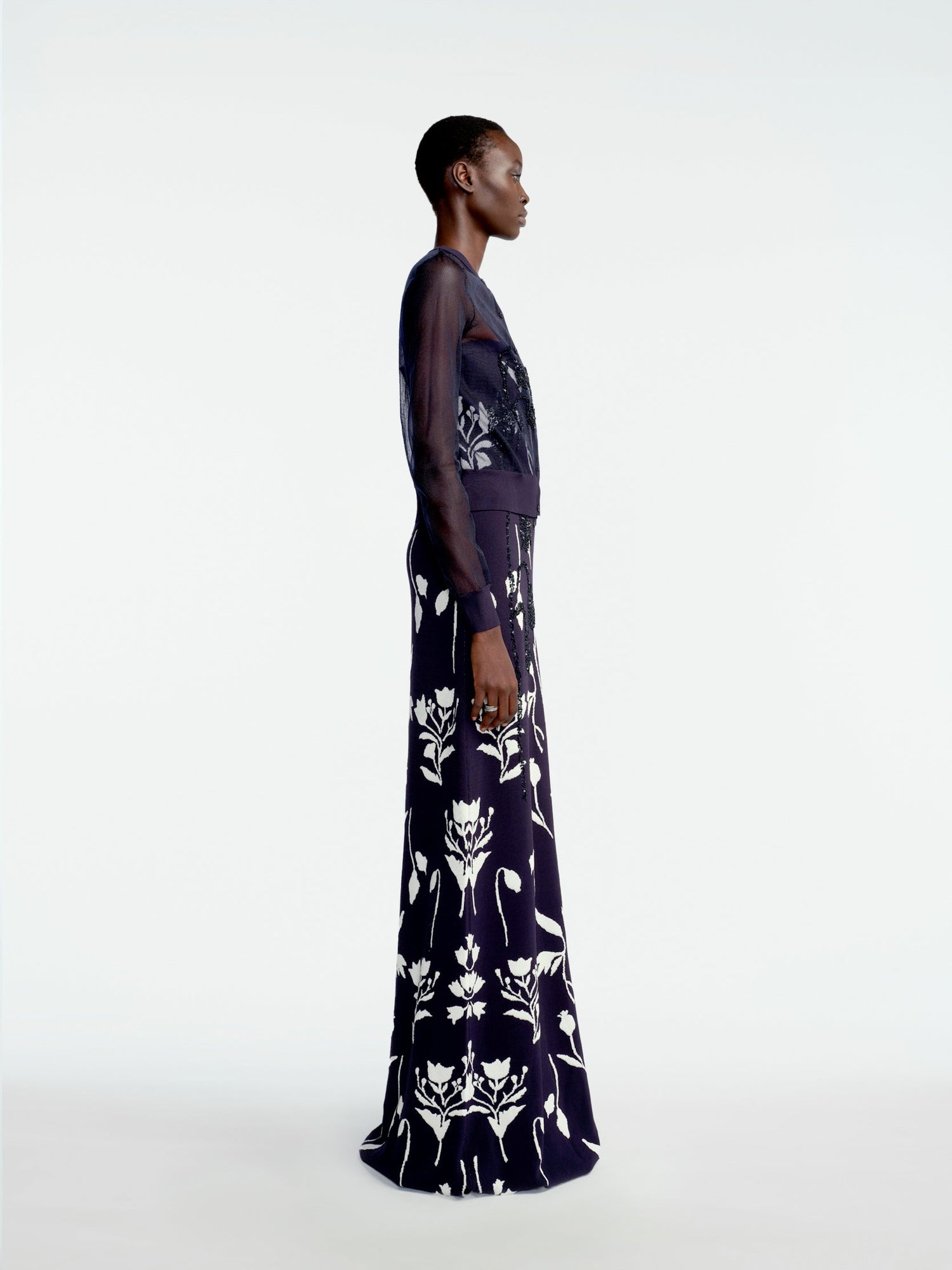 Floral Jacquard Knit Sheer Beaded Cardigan | Navy