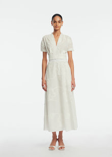 Ribbon Embroidered Cotton V-Neck Top | White
