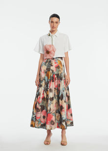 Peony Embroidered Cotton Poplin Cropped Shirt | White/Pink