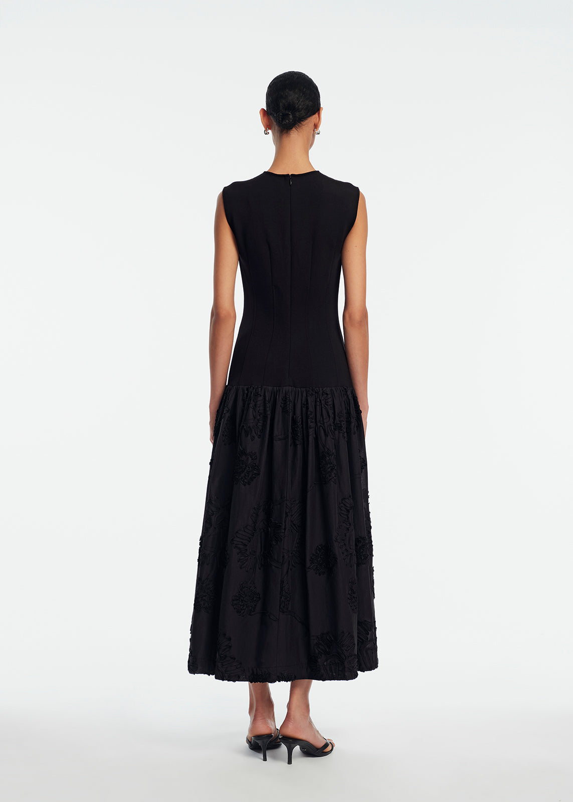 Ribbon Embroidered Cotton Combo Dress | Black