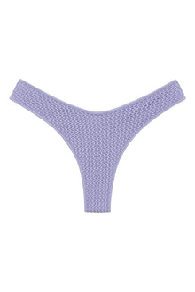 Lavender crochet bikini bottom with textured knit pattern and high-cut thong design.