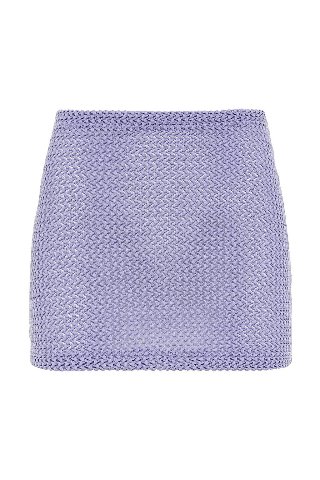 Lavender crochet mini skirt with open knit texture and elasticated waistband.