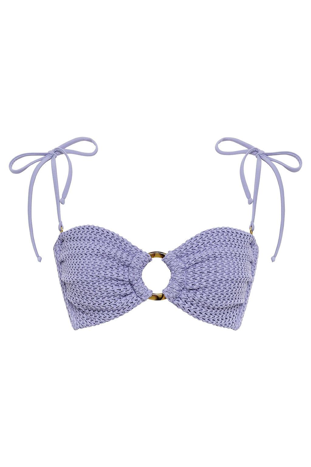 Lavender crochet bandeau bikini top with gold ring detail and tie shoulder straps.