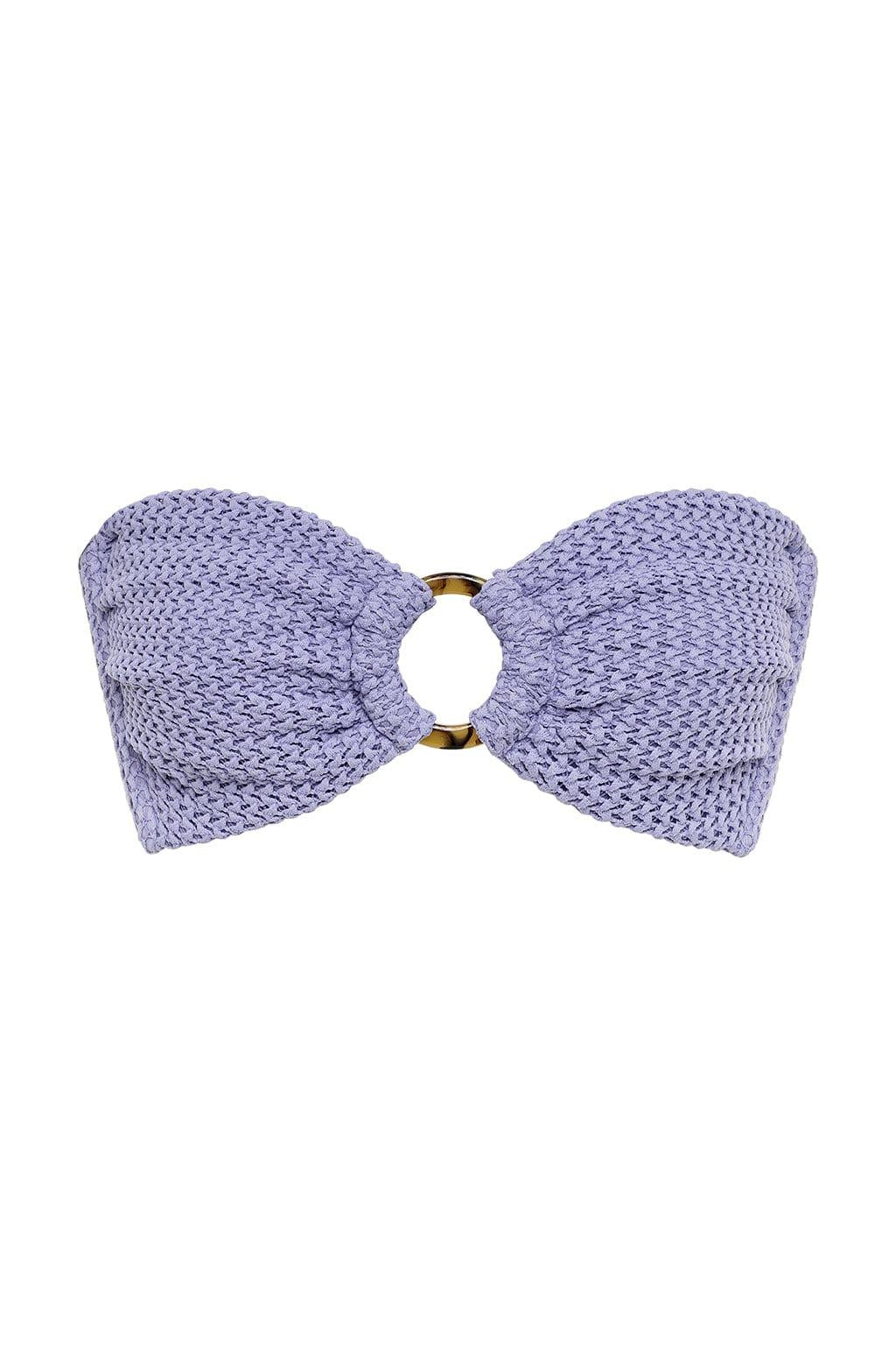Lavender crochet bandeau bikini top with gold ring hardware and tie closures.