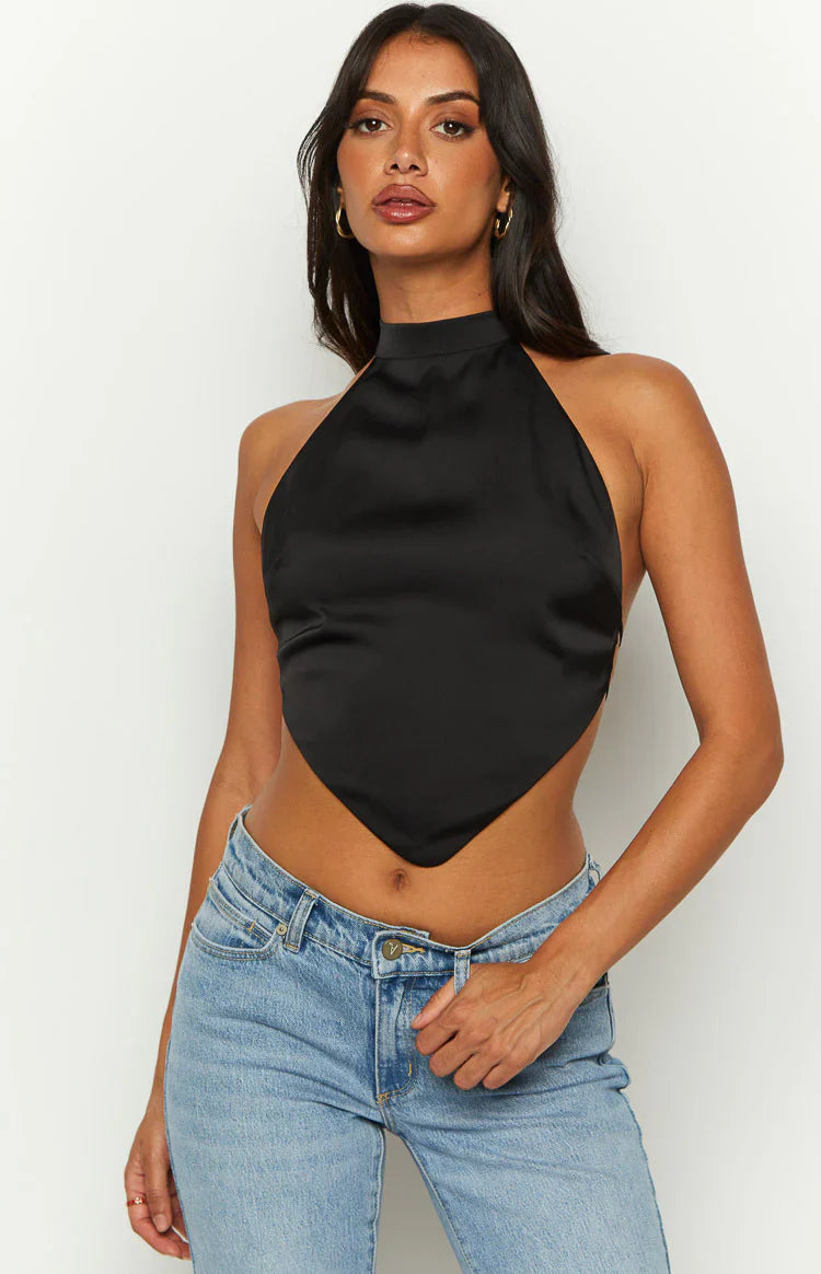 Laylee High Neck Satin Top | Black