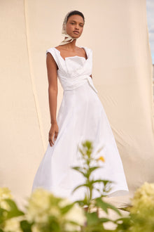 Cotton Poplin Draped Floral Dress | White