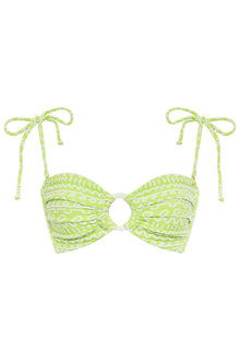 Lime green bandeau bikini top with white geometric pattern and adjustable tie straps.