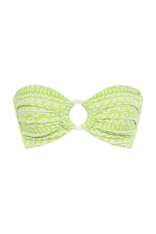 Lime green bandeau bikini top with white geometric pattern and center ring detail.