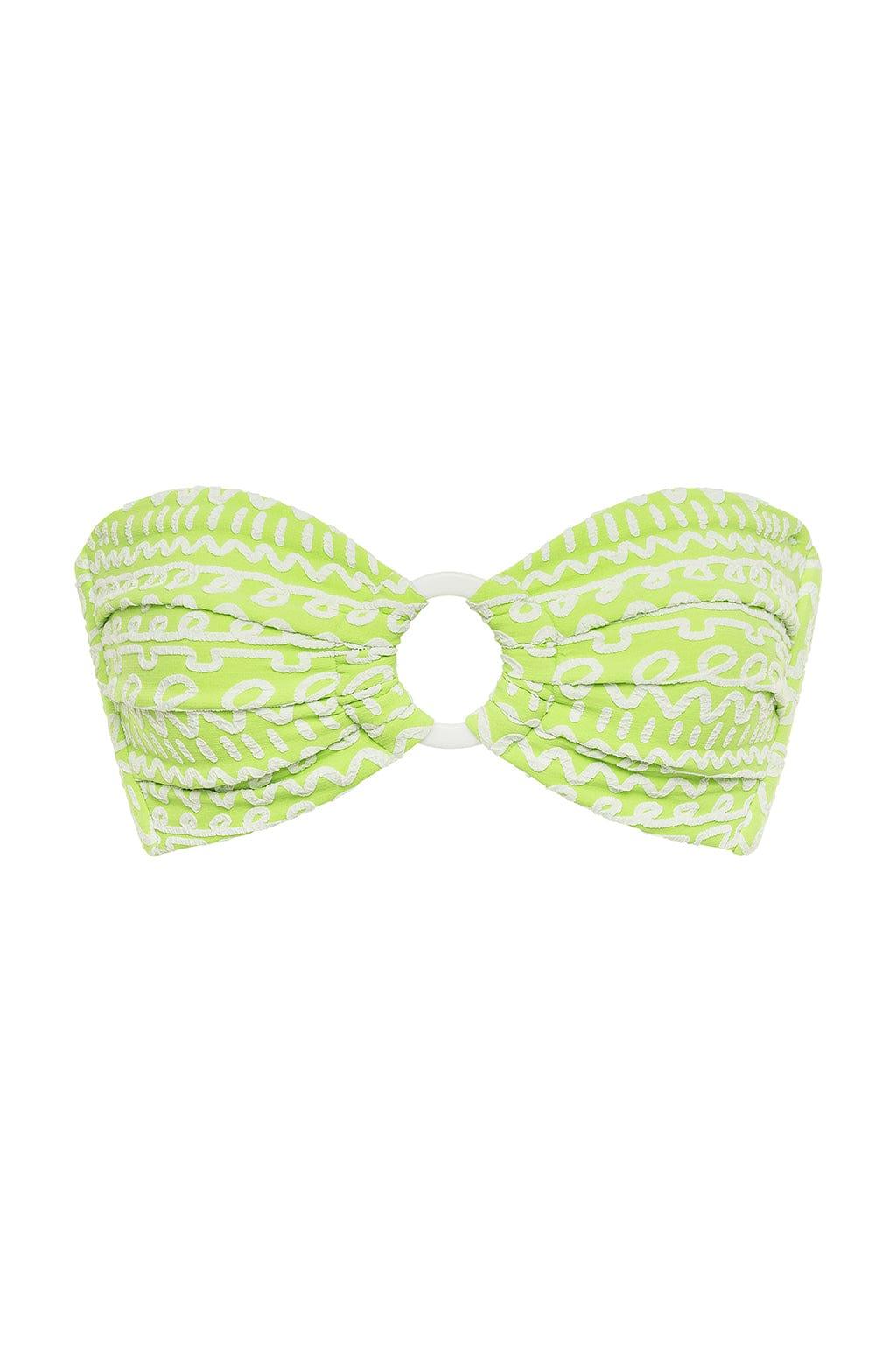 Lime green bandeau bikini top with white geometric pattern and center ring detail.
