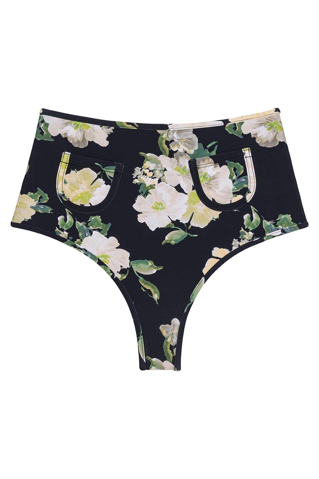 Black bikini bottom with white and yellow floral print, decorative pockets, and metallic trim at waistband.
