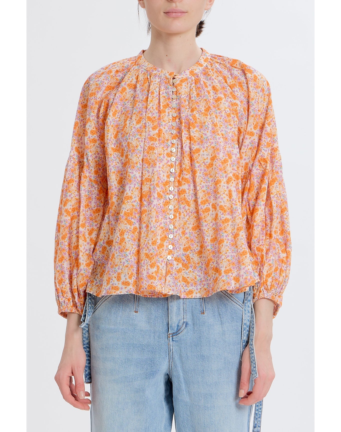 Long Sleeve Flowy Button Up | Orange Combo