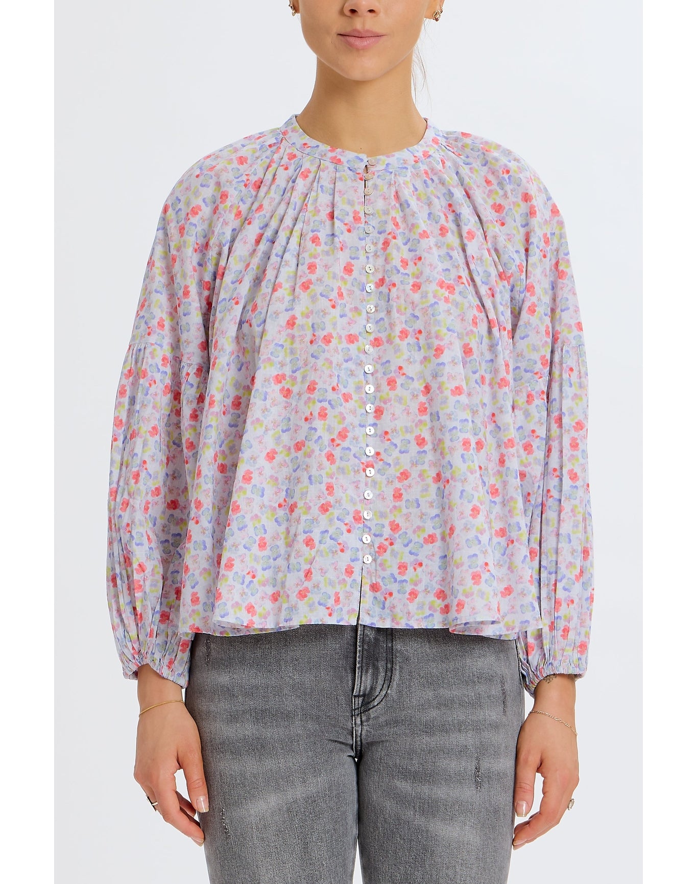 Long Sleeve Flowy Button Up | White Combo