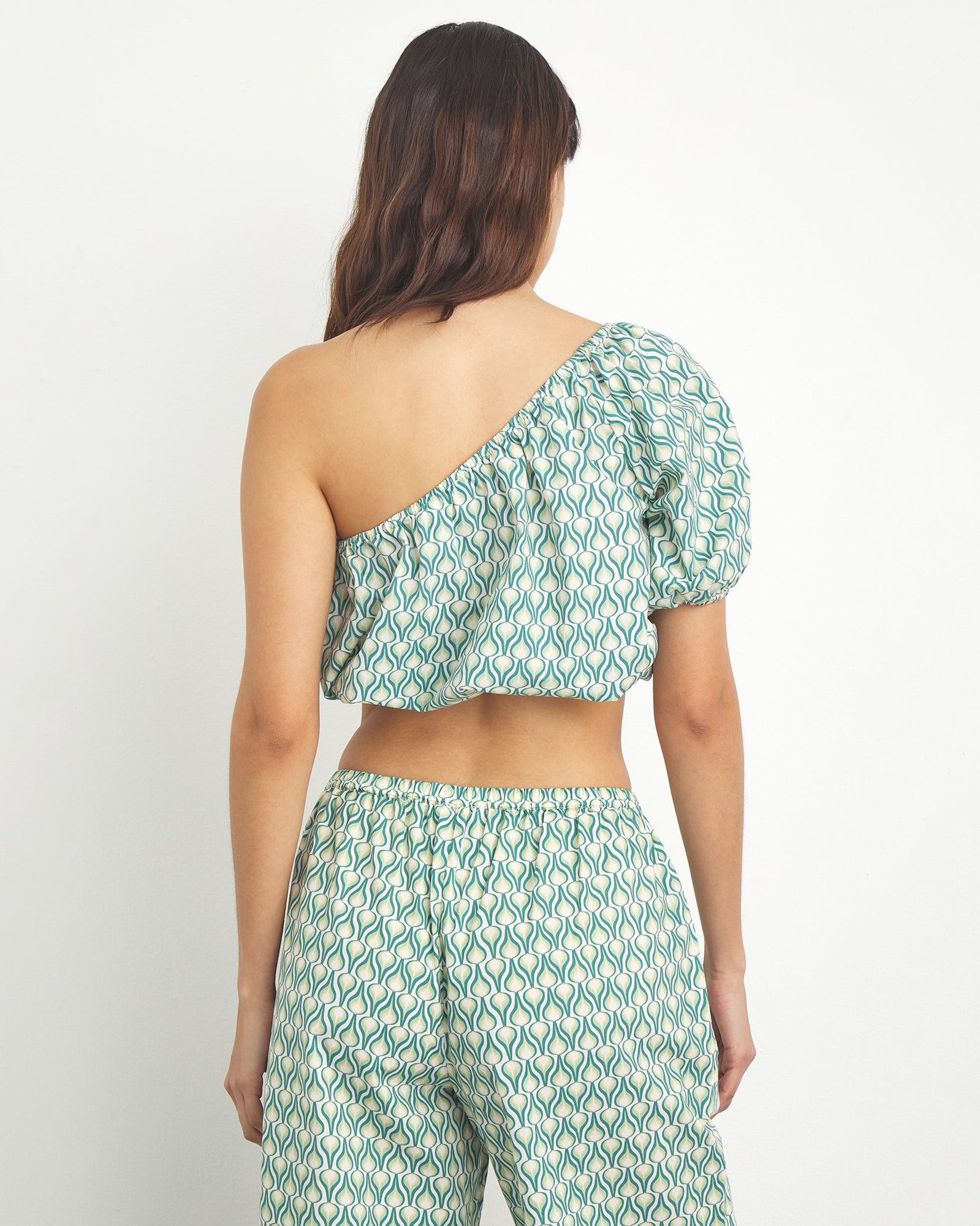 Womens | Poplin One Shoulder Top | Deep-Sea-Multi-Flame-Geo