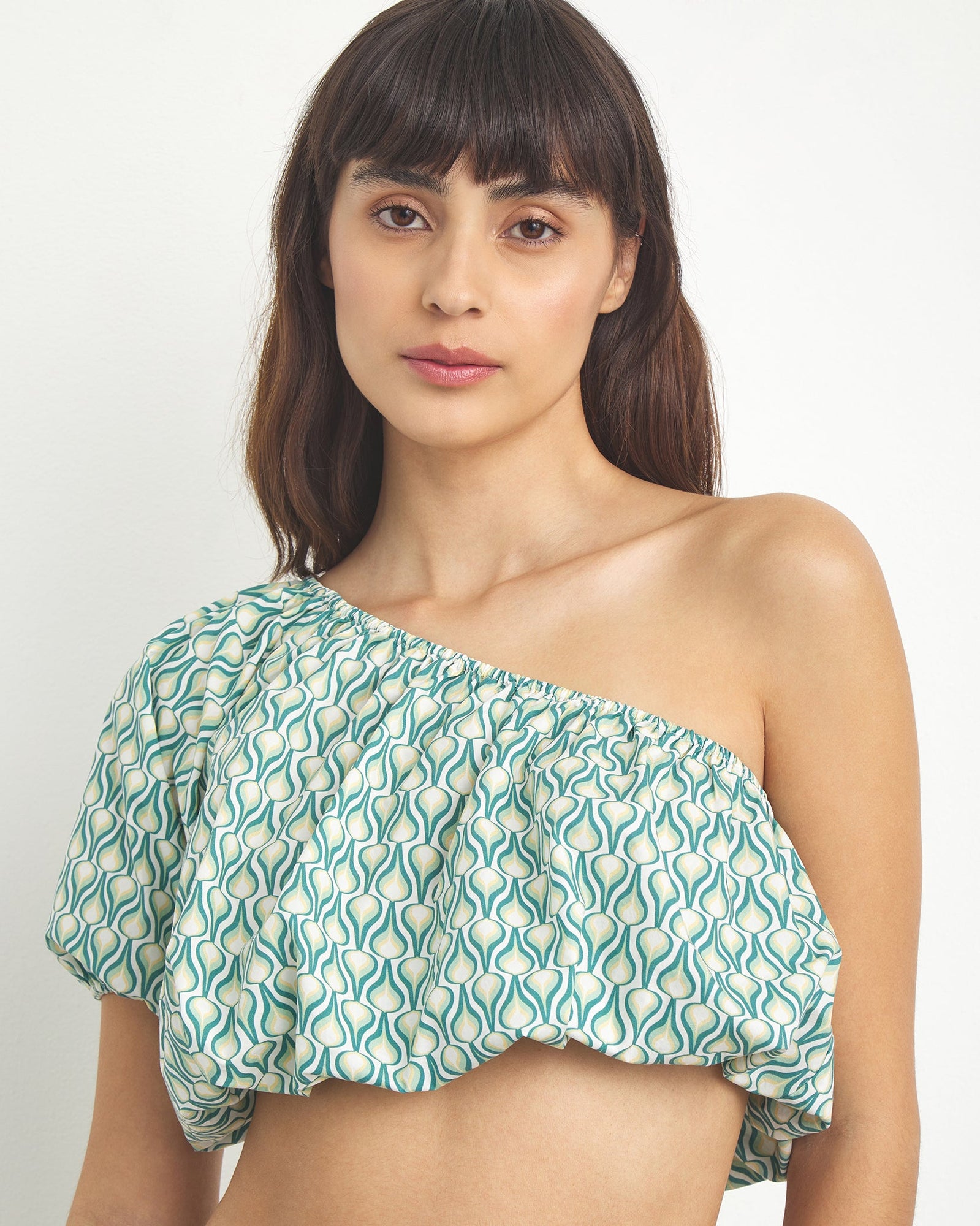 Womens | Poplin One Shoulder Top | Deep-Sea-Multi-Flame-Geo