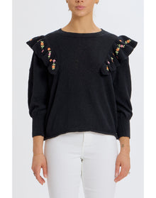 Louise Embroidered Ruffle Sweater | Black
