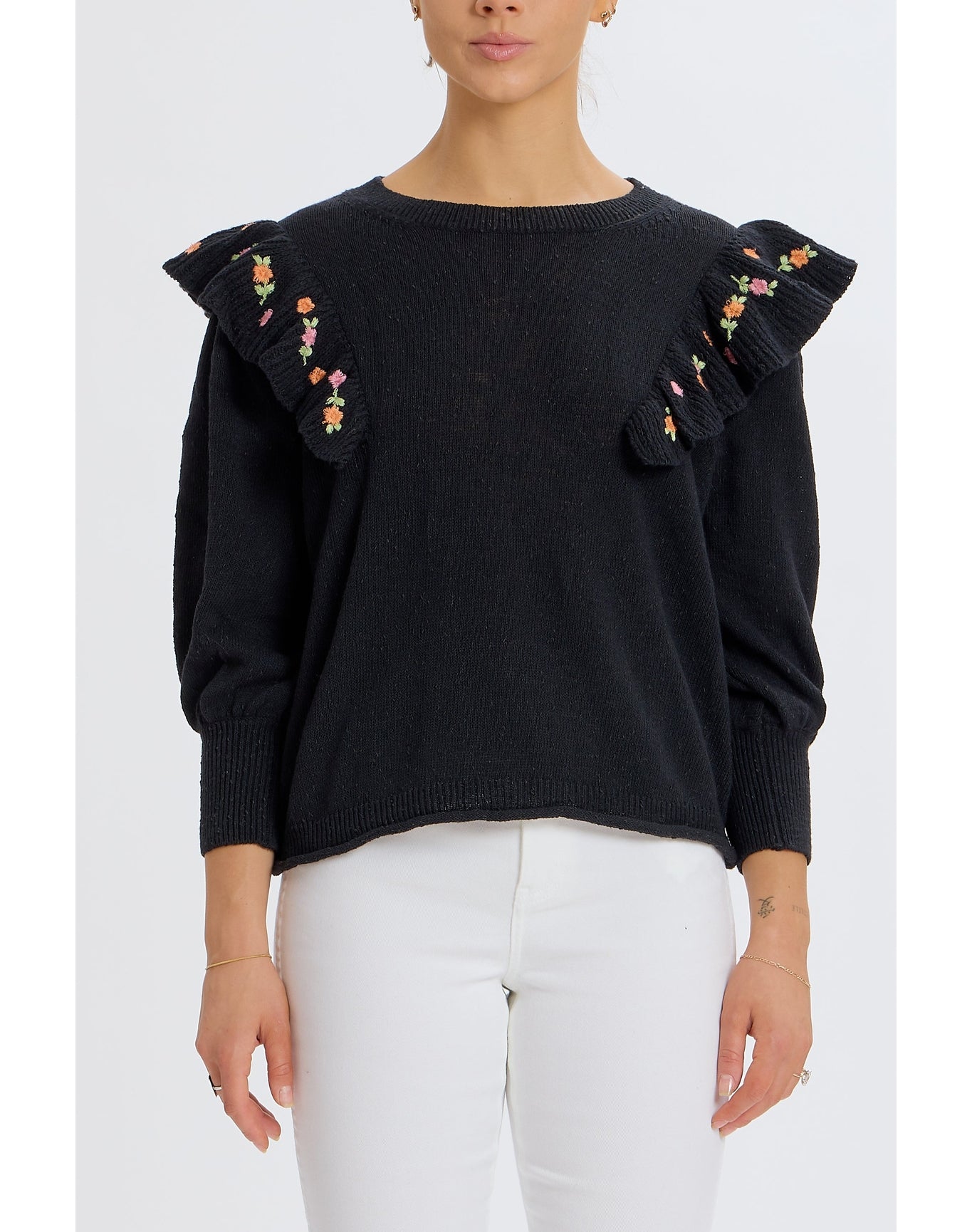 Louise Embroidered Ruffle Sweater | Black
