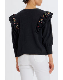 Louise Embroidered Ruffle Sweater | Black