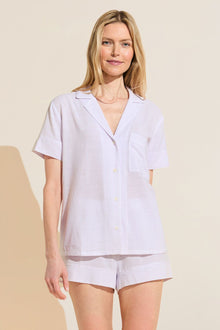 Model wears Nautico Shortie Short PJ Set in White/Lavender.