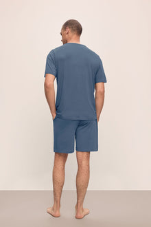 Model wears Henry TENCEL Modal Short PJ Set in Coastal Blue.
