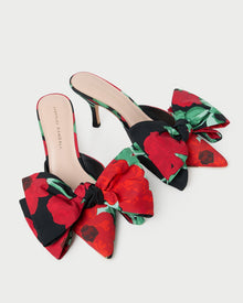 Margot Black Floral Bow Mule in black floral taffeta.