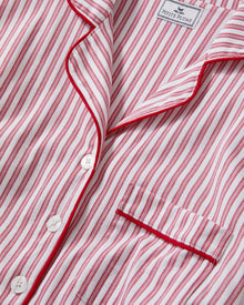 The Women's Pima Maternity Nightshirt in Antique Red Ticking features red and white vertical stripes, a front pocket, white buttons, and red piping on the collar, cuffs, and pocket edge.