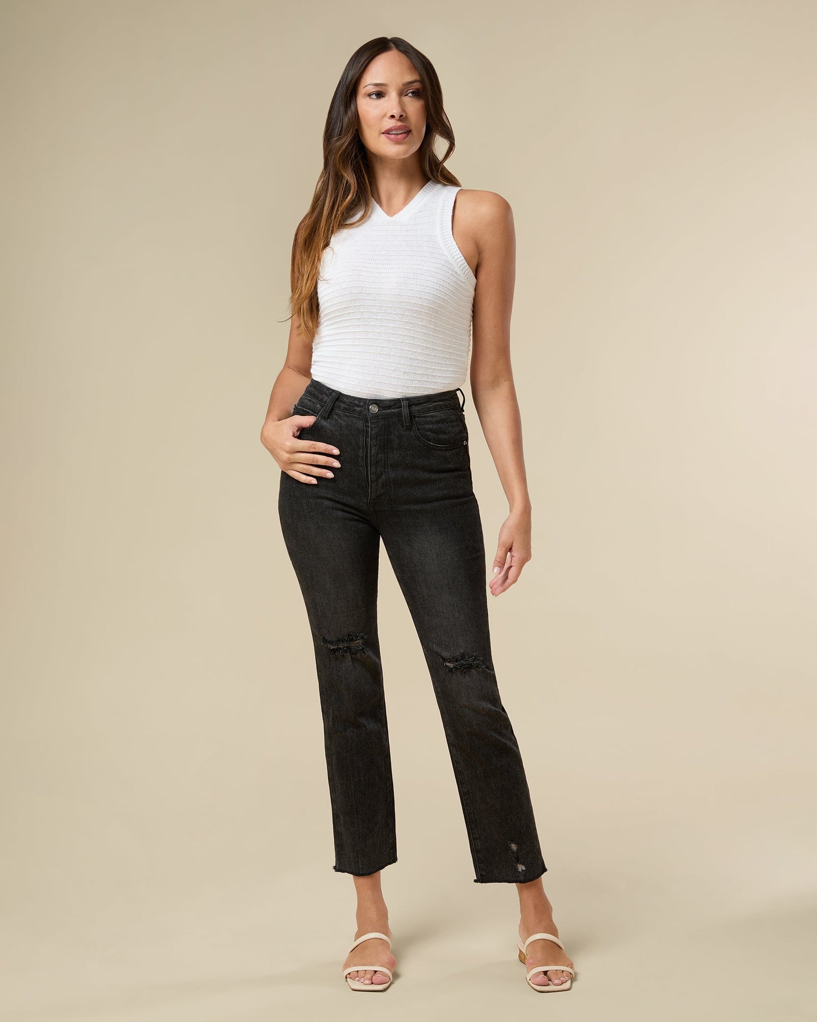 Rachel Parcell | Distressed Straight Leg Jean | Dark Grey Wash