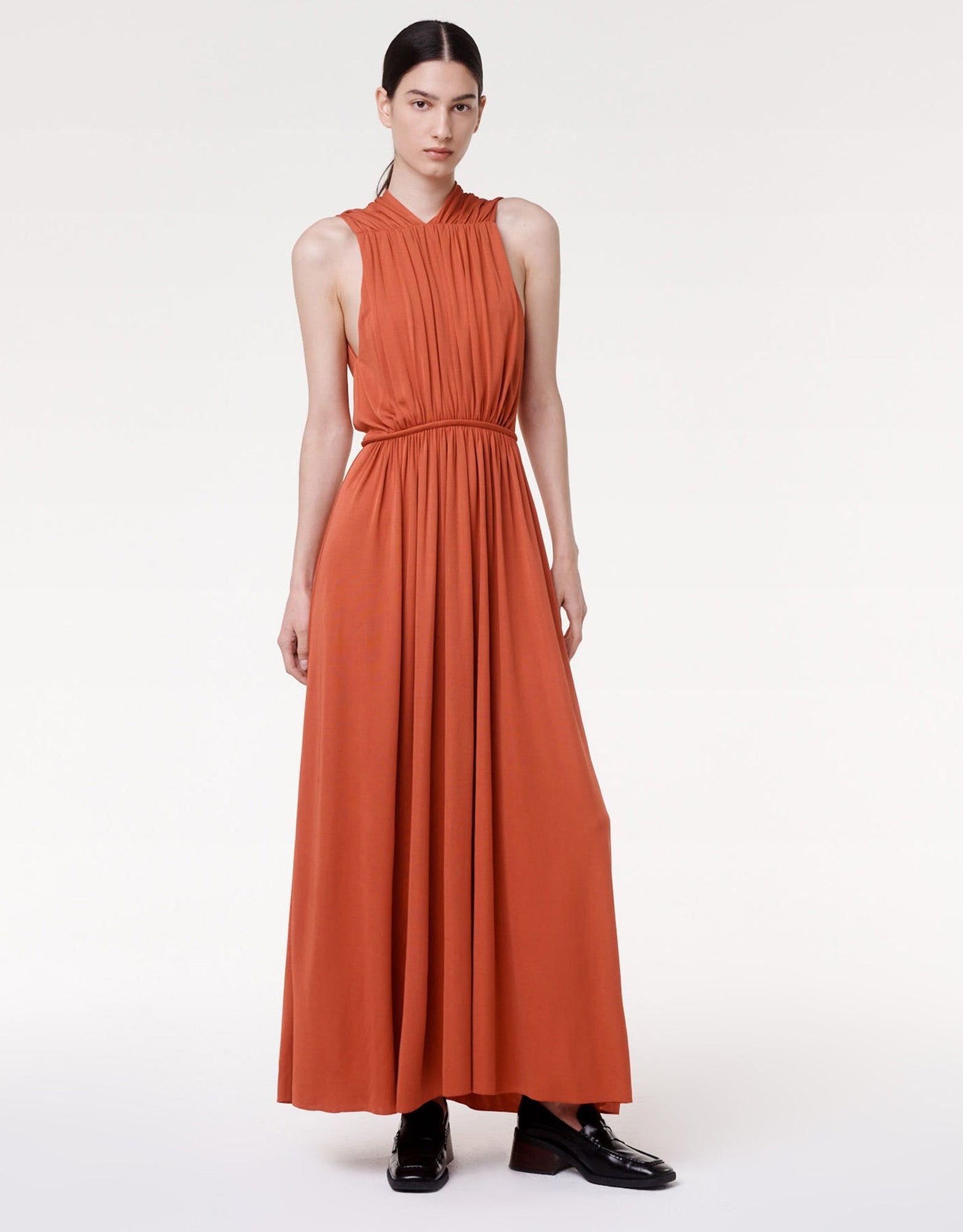 Another Tomorrow Shirred Midi Dress in Sienna Red – Viscose Women's Dress