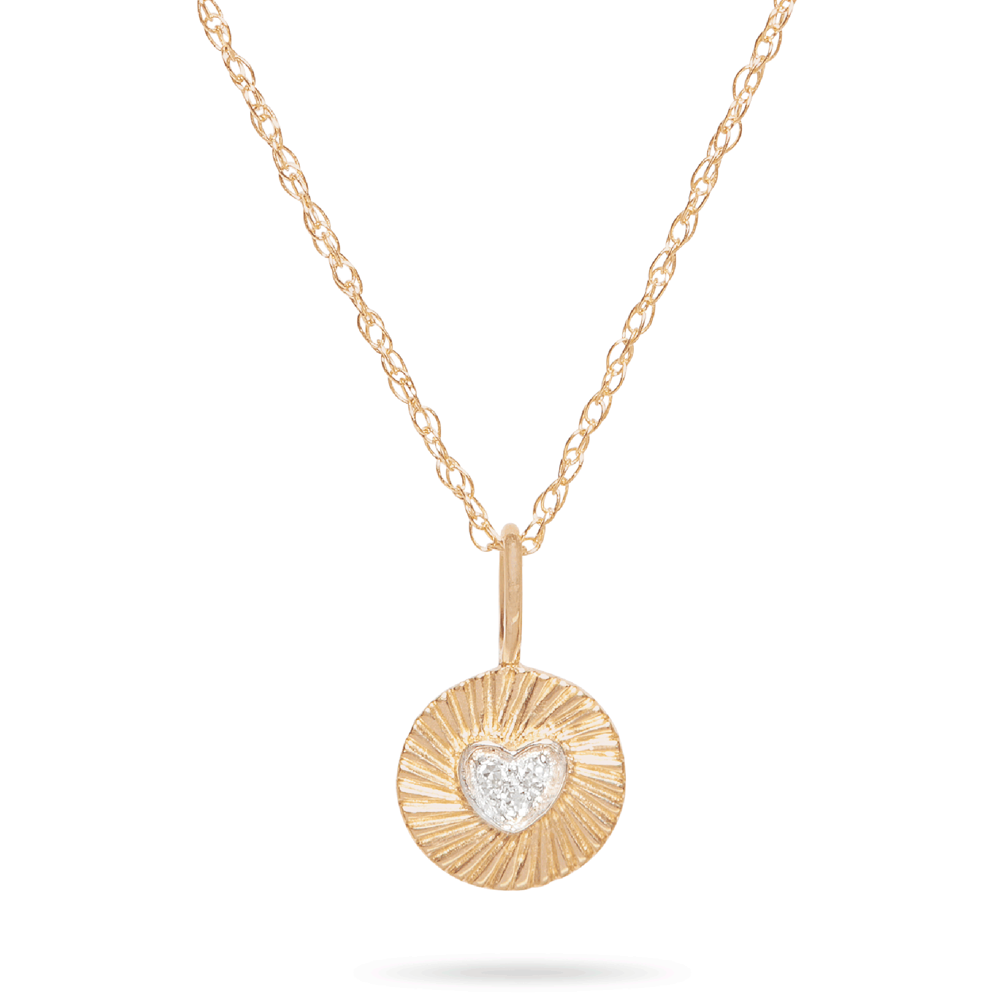 Stone and Strand 10K Yellow Gold Mini Heart Teeny Diamond Medallion Necklace Close Up Image