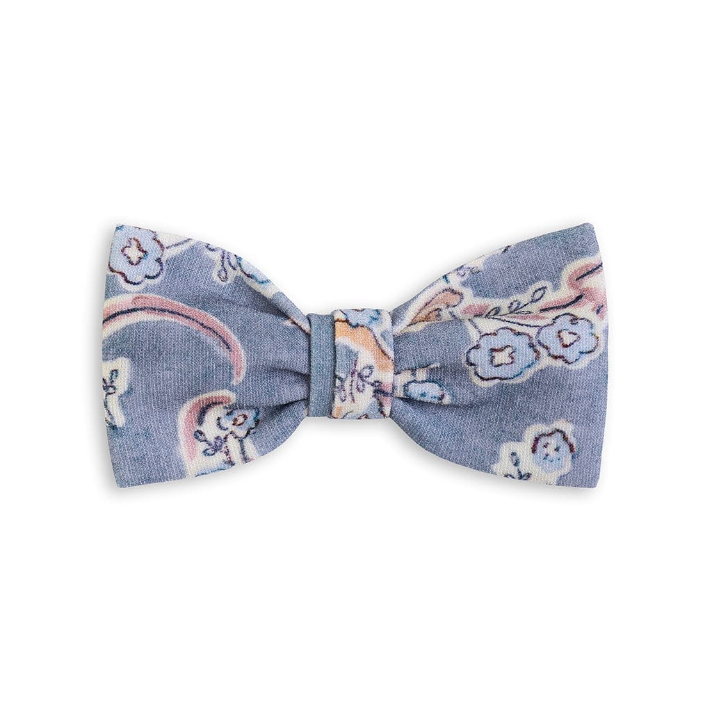 Small blue bow clip with cherub and floral print in pink and cream.