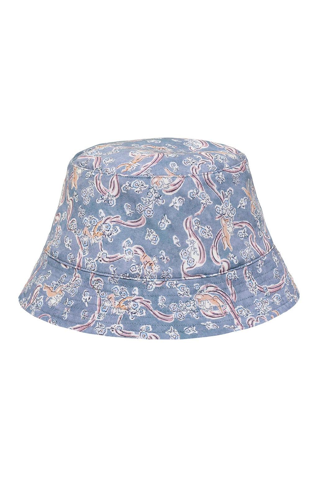 Blue bucket hat with cupid and floral print in pink, peach, and white.