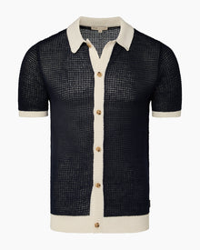 Mens | Linen Short Sleeve Button Up Sweater | Deep Navy/White