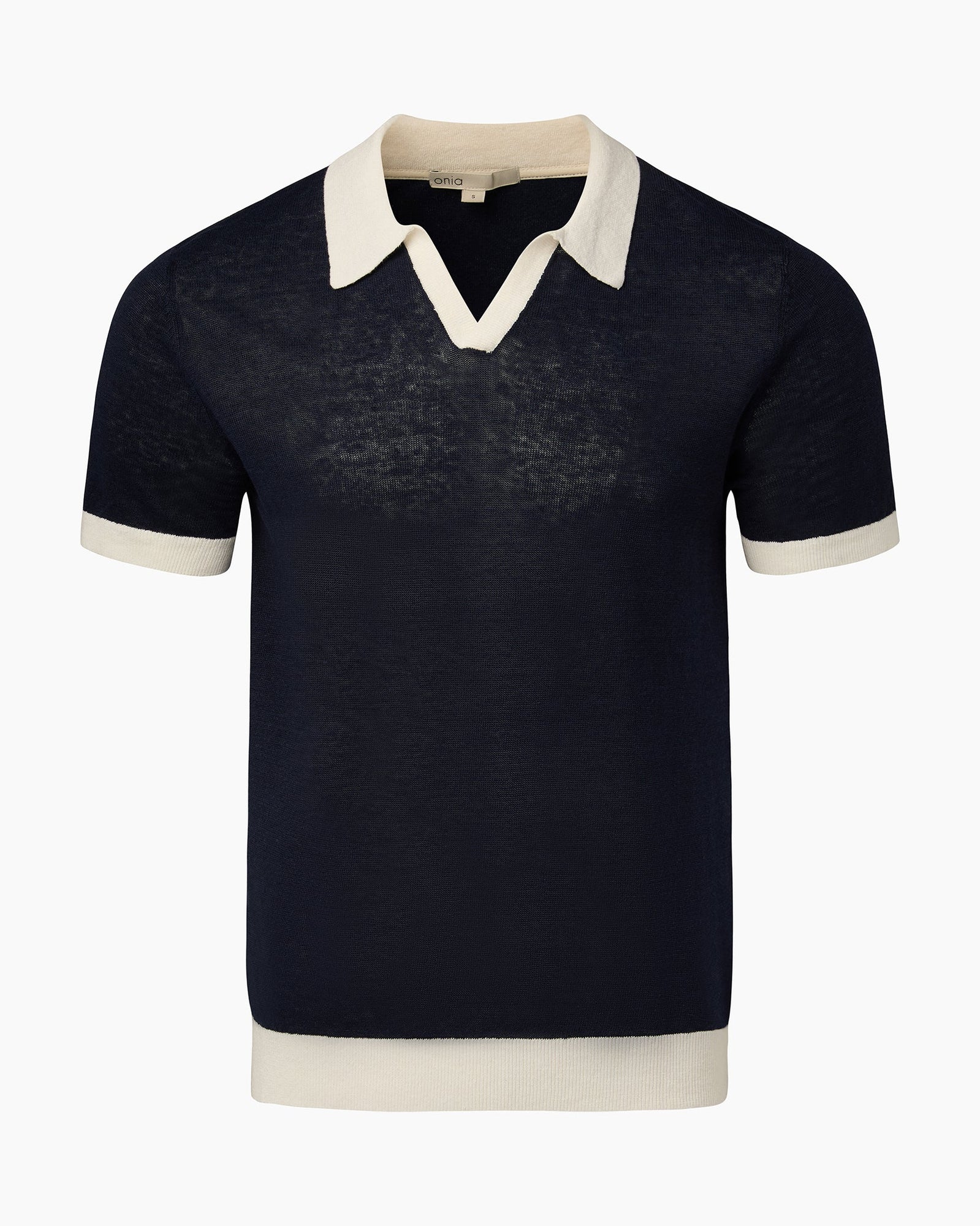 Mens | Linen Johnny Collar Polo Sweater | Deep Navy/White