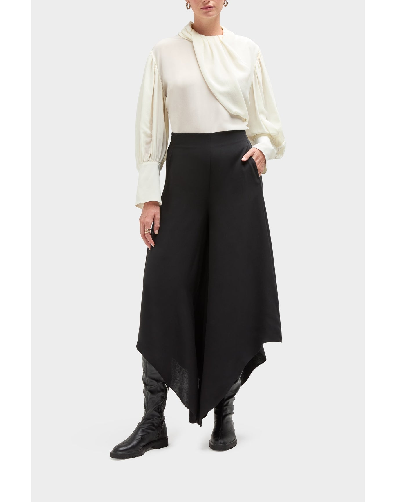 Margot Silk Asymmetrical Palazzo Pant | Black