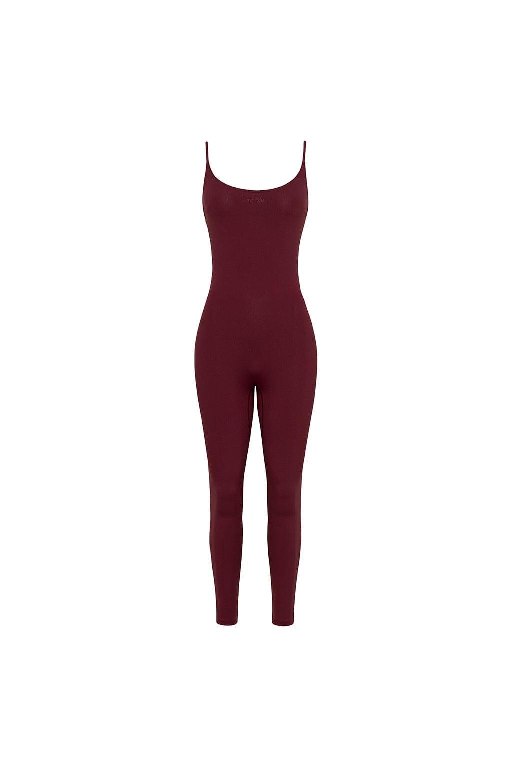 Maroon long-sleeved bodysuit with thin straps and tapered leg design displayed on a flat white background.