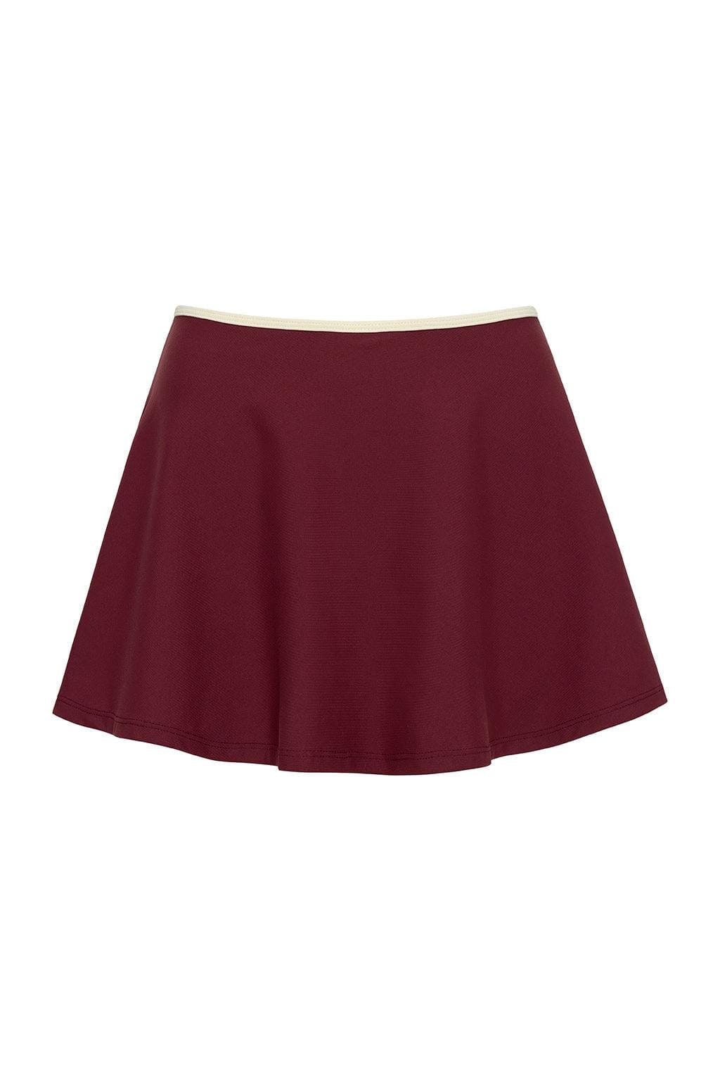 Maroon ballet skirt with cream-colored waistband and flared A-line silhouette.