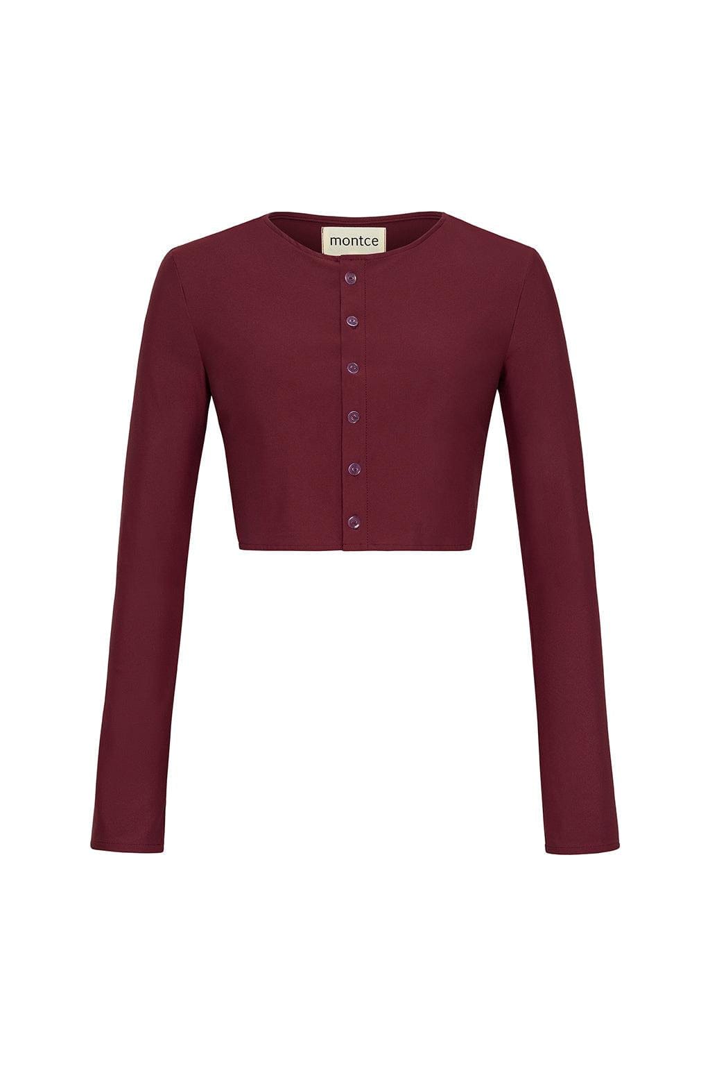 Maroon cropped cardigan with long sleeves and button-down front closure.