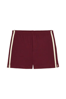 Maroon swim trunk with white side stripes and drawstring waist.