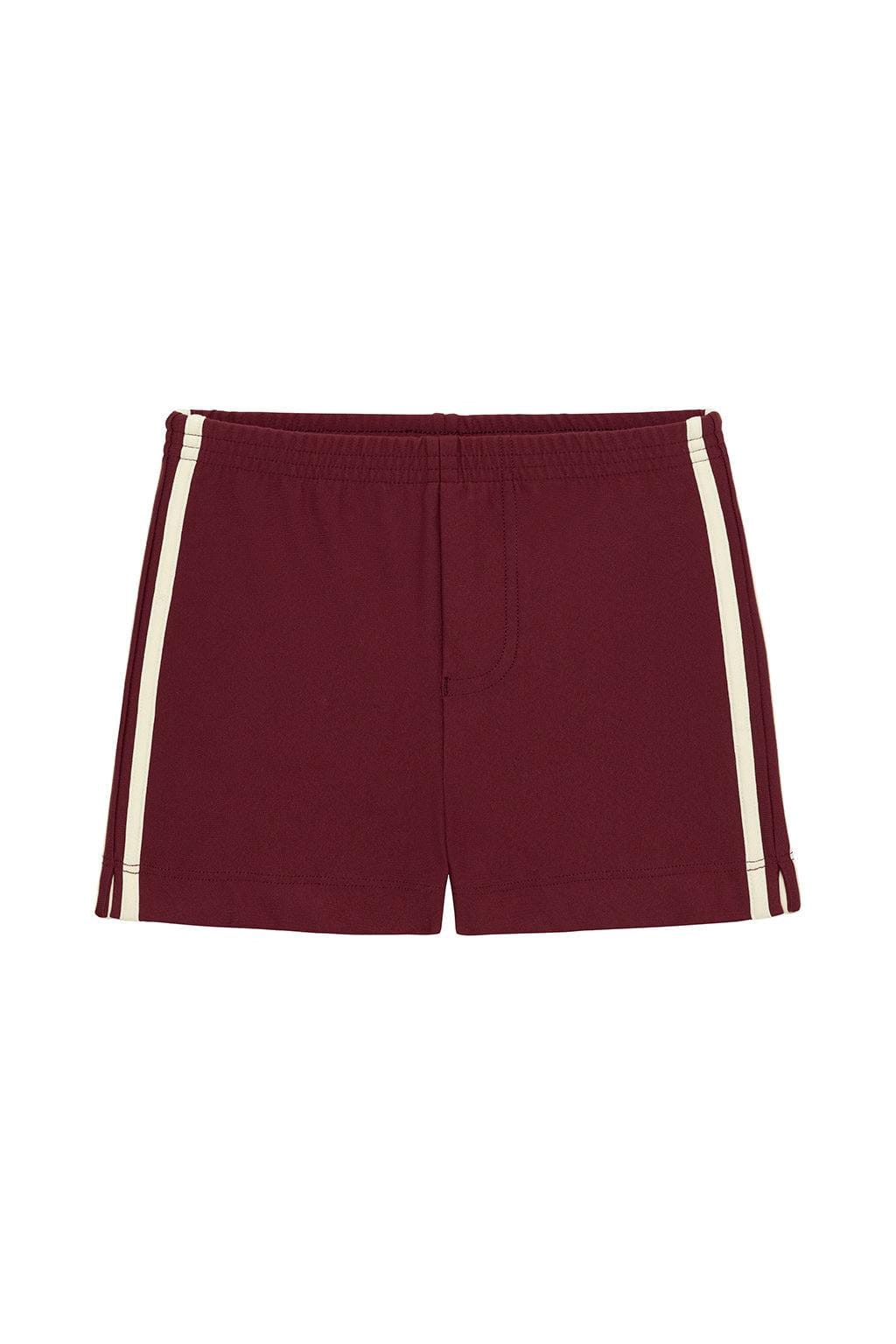 Maroon swim trunk with white side stripes and drawstring waist.