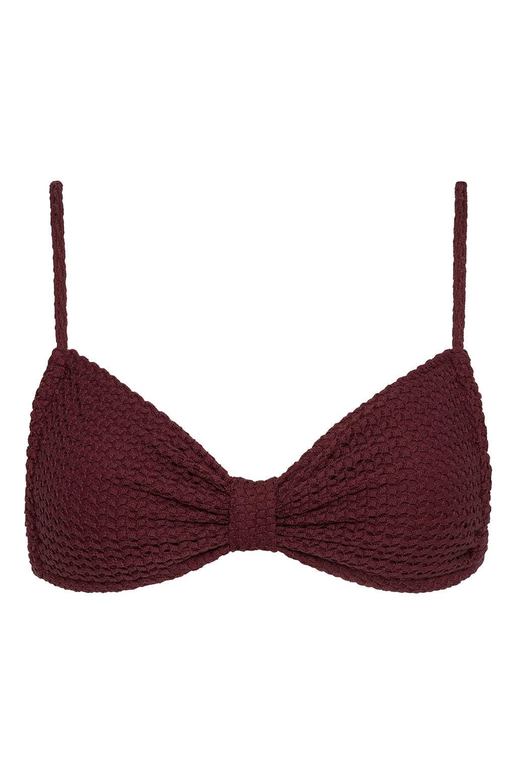 Maroon crochet bikini top with thin shoulder straps and gathered cups with center bow detail.